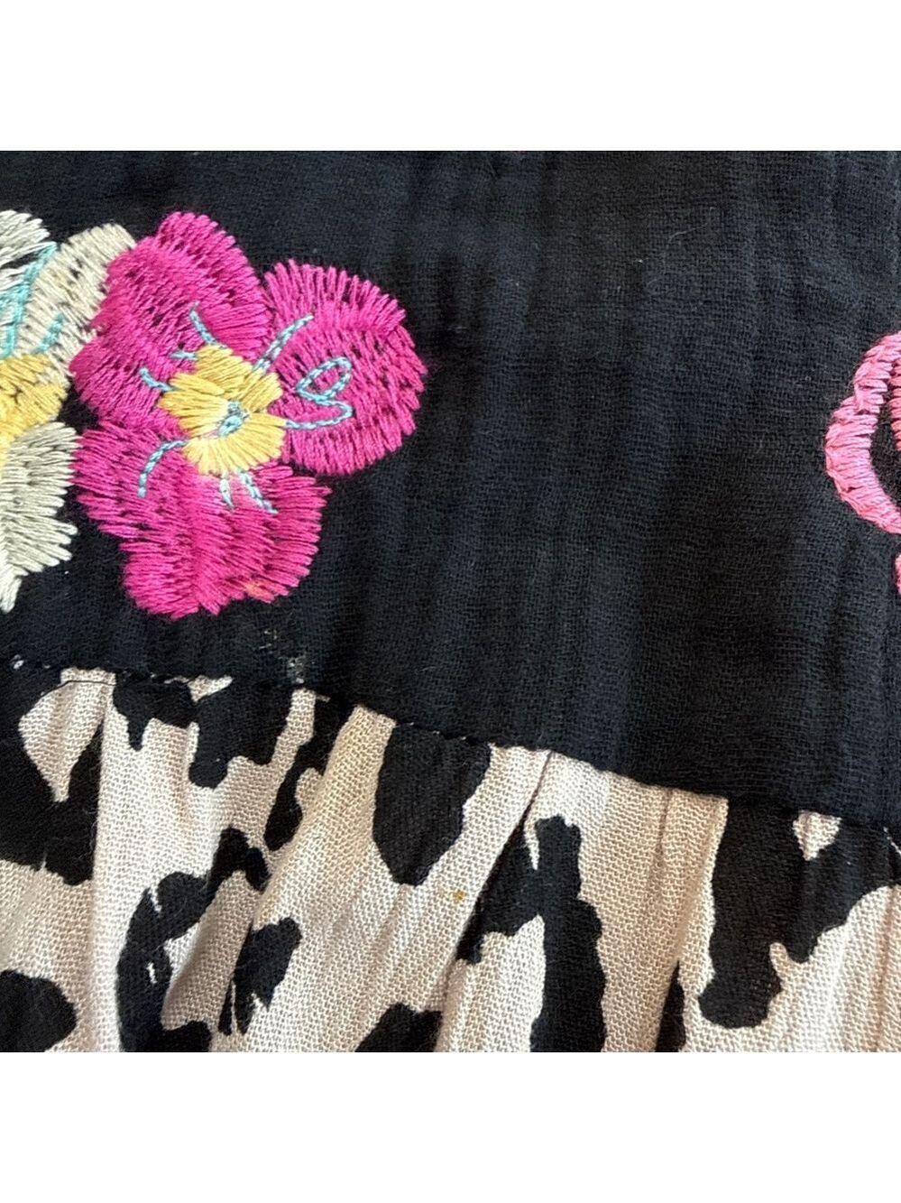 Savanna Jane Mini Dress 2X Beige Black Leopard Floral Multicolor Embroidery Boho - Picture 14 of 16